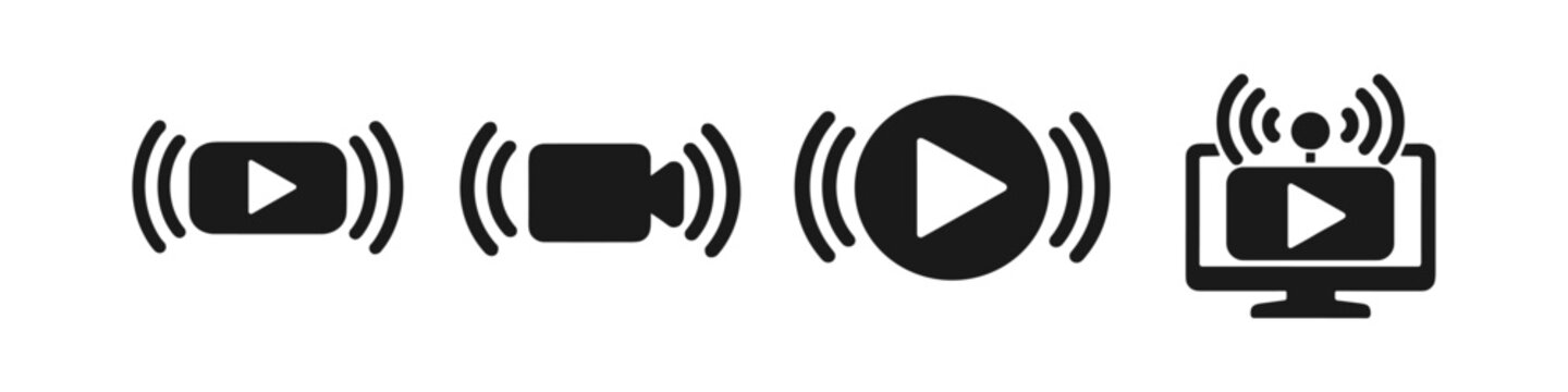 Collection of streaming and broadcasting icons with play buttons and signal waves
