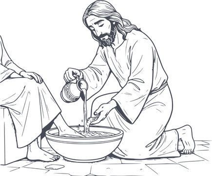 detailed hand drawn illustration of jesus washing feet in black fill style with no white fills perfect for church and holy week projects