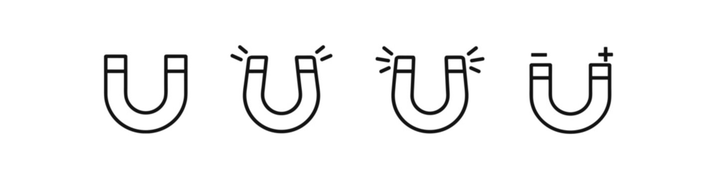 Set of horseshoe magnet icons showing different states of magnetic attraction and polarity