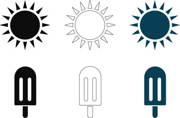 Collection of sun and popsicle in black white and blue , sun, popsicle, ice pop, summer, heat, cold, frozen, 