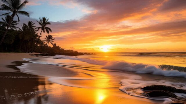 Sunset beach scene with vibrant colors, captured from a low angle, perfect for a tranquil video. Live desktop wallpaper.
