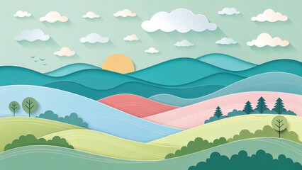 Fototapeta premium Colorful illustration of rolling hills and mountains under a sunny sky with clouds and trees serene landscape