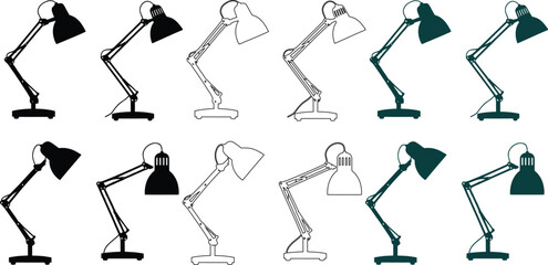 Diverse collection of articulated desk lamps in black white and teal , lamp, desk lamp, articulated lamp, lighting,