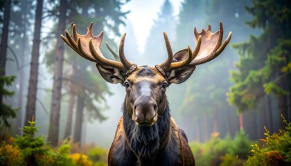 A majestic moose with large antlers stares directly at the viewer