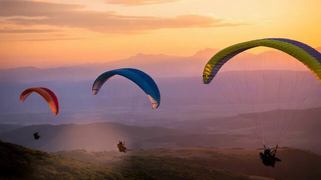 Paragliders soaring through vibrant sunset landscape with colorful wings