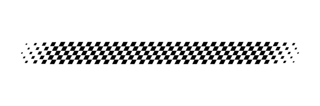 Race flag line. Black and white checker finish ribbon. Car race check grid pattern. Rally border texture. Gradient chess line. Graphic design element. Vector illustration isolated on white background.