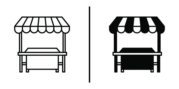 Street Market Stall Stand Icon Vector Line Art and Silhouette for Food and Trade.