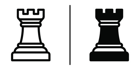 Chess Rook Piece Icon Vector Line Art and Silhouette for Strategy and Defense. © Vectorzone