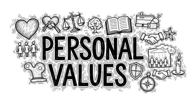 Illustrated personal values concept with heart, scale, tree, book, and icons