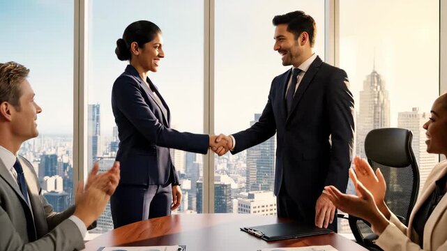 Diverse businesswoman standing and leading a corporate meeting with her team in a modern office with city view