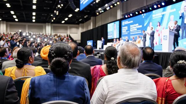 Large audience sitting in a conference hall during a professional business seminar with speakers on stage