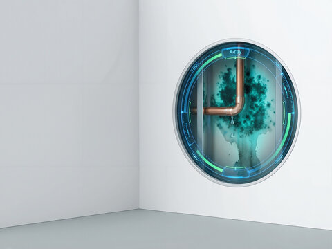 X-ray vision of a leaking copper pipe behind a wall showing water droplets and green mold growth in a modern room corner.