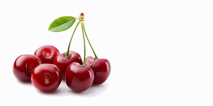 Pareja de cerezas frescas con gotas de agua y hoja verde aisladas sobre fondo blanco