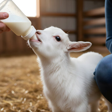 Ganader&iacute;a caprina: Alimentando con biber&oacute;n a un cabrito blanco en un establo con paja.