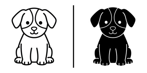 Cute Puppy Dog Sitting Vector Illustration Line Art and Silhouette Icon Set. © Vectorzone