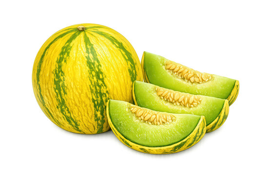 Whole and sliced honeydew melon presenting vibrant green flesh, yellow skin, and edible seeds, ready for a healthy meal