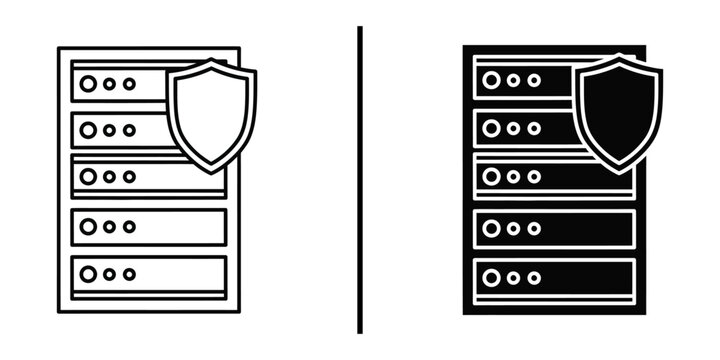 Secure Server Rack with Shield Vector Icon for Data Hosting Protection and Cloud Storage Security