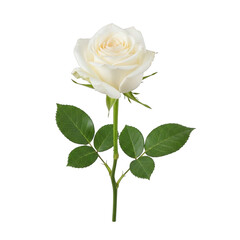 A single white rose with green leaves on a white background. isolated on transparent background