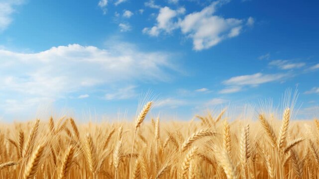 Low-angle view of a golden wheat field under a blue sky, ideal for a nature video backdrop. Live desktop wallpaper.