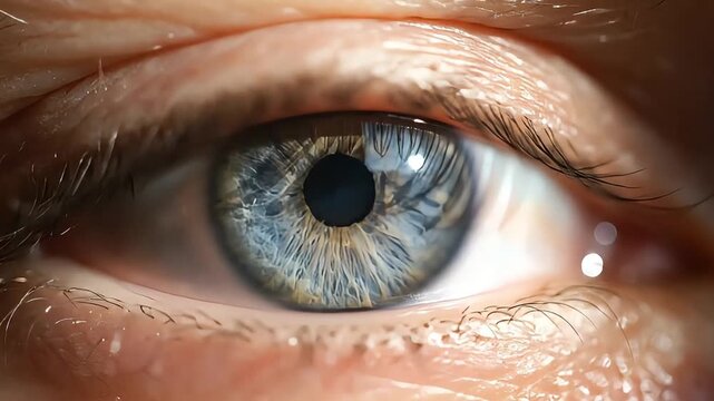 Close-up of a striking blue eye with intricate iris patterns and a dark pupil, showcasing human vision and detailed ocular anatomy.