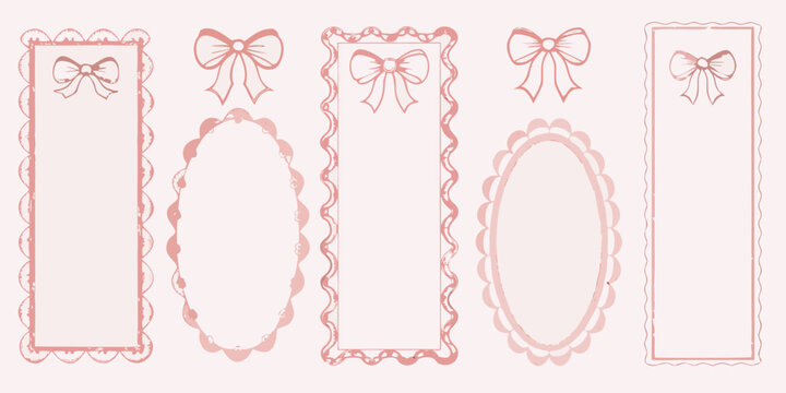 Five pink decorative frames with bows and ornate edges illustrated style