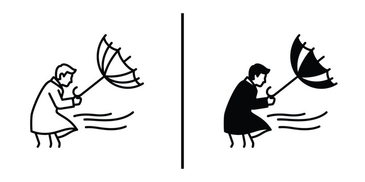 Person with Umbrella in Strong Wind Icon Set Vector Line and Silhouette