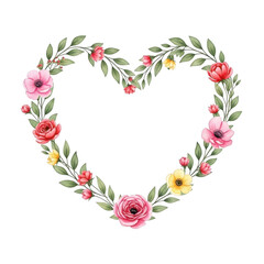 A heart made of colorful flowers and green leaves on a white background. isolated on transparent background