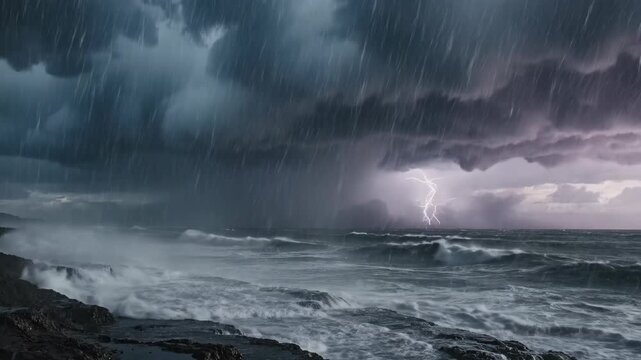 Violent ocean storm with heavy rain and lightning strikes over rocky shore