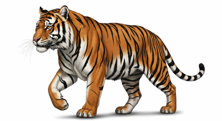 Obraz premium Majestic Tiger Walking Confidently Isolated on White Background.