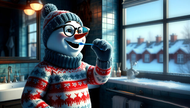 A snowman brushes his teeth in the bathroom