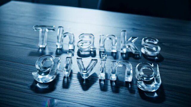Thanksgiving holiday text made of transparent ice on dark wooden background
