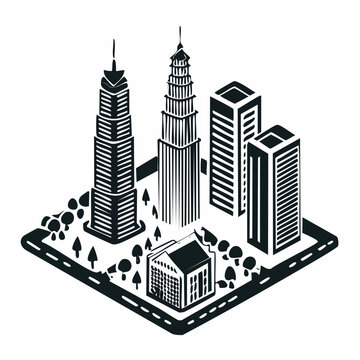 Isometric illustration of a cityscape with modern skyscrapers and buildings.