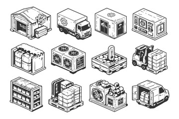 Cold storage and refrigeration logistics: warehouse, truck, equipment icons.