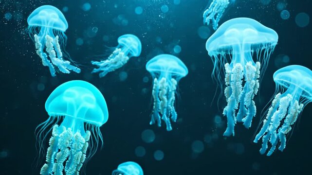 Numerous glowing blue aquatic invertebrates suspended in dark water