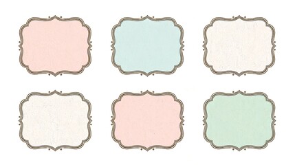 Six decorative vintage label design in pastel colors. Elegant frames for text or branding, suitable for various design projects