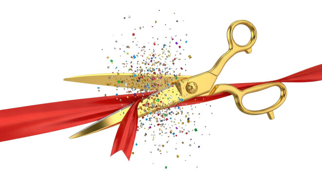A pair of gold scissors cutting through a red ribbon with confetti