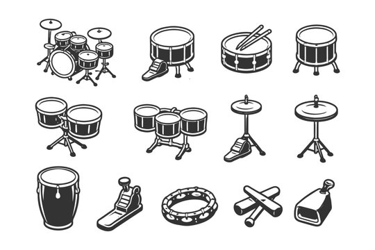 Variety of percussion instruments in monochrome design.