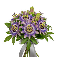 A vibrant bouquet of purple and green flowers in a clear glass vase isolated on transparent background