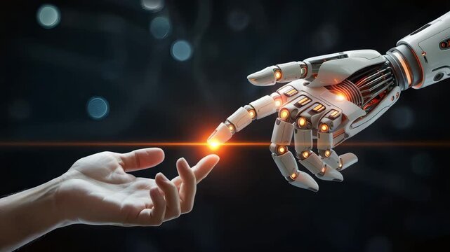 Human and robot hand connecting with glowing orange light technology