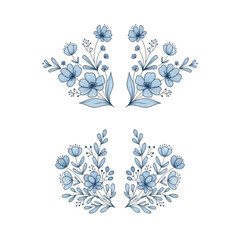Delicate blue floral designs arranged in symmetrical patterns on a white background isolated on transparent background