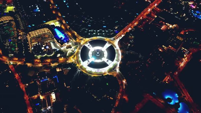 illuminated night city downtown, light streets of financial district, Tenerife