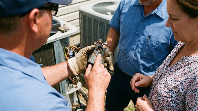 caucasian hvac technician showing burnt capacitor to homeowners near air conditioner. repairman explaining broken part to couple. maintenance service, home repair concept.