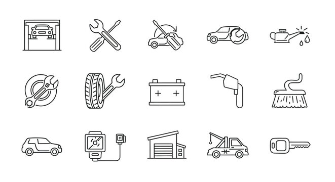 Collection of automotive repair icons in a simple line art style