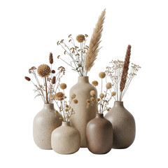 A charming display of ceramic reindeer figurines with pinecones and berries isolated on transparent background