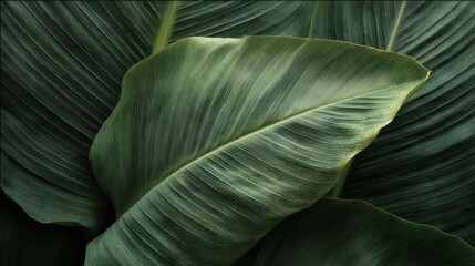 Obraz premium Lush Green Tropical Leaf Close-Up Showcasing Intricate Veins and Textures, Perfect for Nature and Botany Themes in Design and Advertising