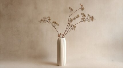 A tall white cylindrical vase with vertical grooves holds dried branches adorned with delicate flowers,
