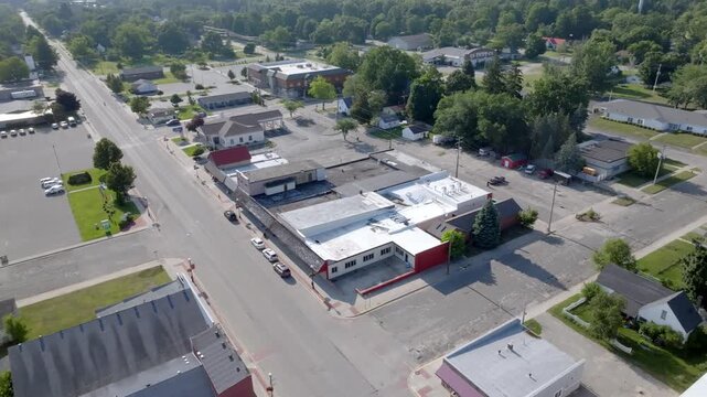 Downtown White Cloud, Michigan with drone video moving in a circle.