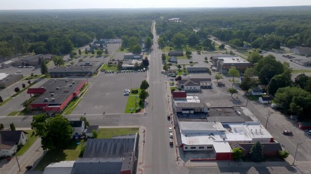 Downtown White Cloud, Michigan with drone video moving in.