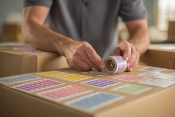 Hands expertly apply vibrant labels to cardboard boxes on a cluttered packing table, readying items for shipment in a sunlit room
