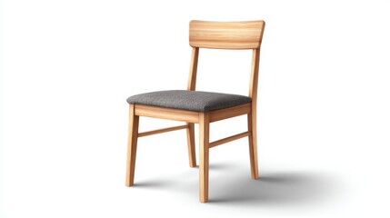 Obraz premium Modern wooden chair featuring a comfortable grey fabric cushion and natural timber texture, presenting simple contemporary design for home interior decor against a white background